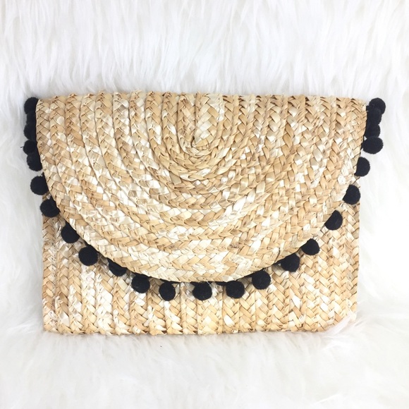 Anthropologie Handbags - Anthropologie | Shiraleah Straw Pom-Pom Clutch